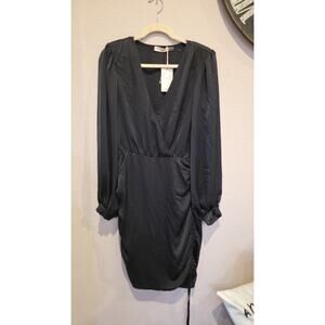 Ramy Brook Women's 10 Foxy Black Satin Embellished V-Neck Ruched Tie Mini Dress